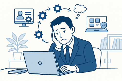 複数のPC初期設定作業に困っている情報システム担当者の親しみやすいイラスト