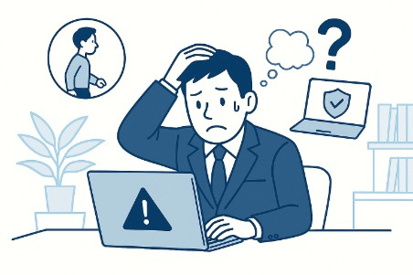 退職や端末紛失時に、PCの利用停止、初期化、データ保護などの対応判断に不安があることを表したイラスト