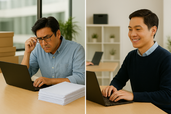 手作業で行う面倒なPC初期設定作業から、Microsoft IntuneとWindows Autopilotを活用した自動セットアップへ変わる流れを示したBefore After比較画像