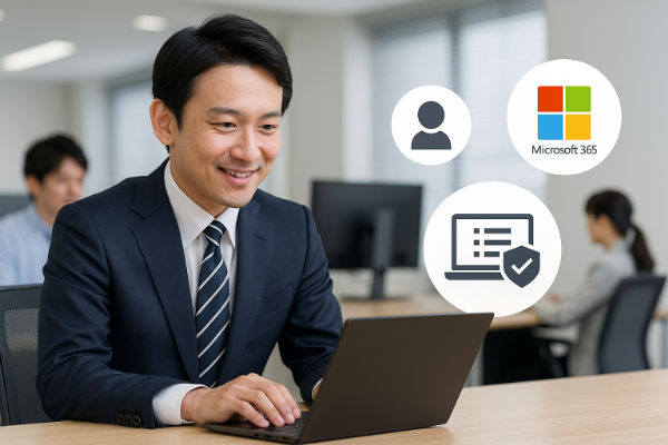 お客様、会社、Microsoft 365、PC端末の関係性を視覚的に示したAutopilot運用サポートのサービス全体像