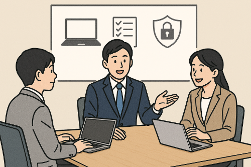 専門用語をできるだけ使わず、わかりやすく説明している打ち合わせ風景のイラスト