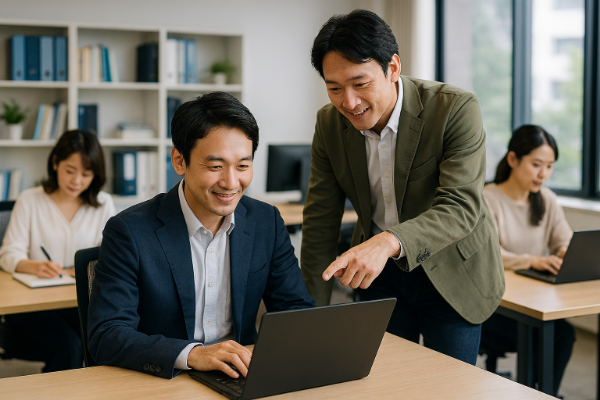 中小企業のオフィスで少人数の情報システム担当者がPC管理を行っている様子を表したイラスト